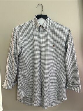 Men's Ralph Lauren Button-Down Check Dress Shirt - White & Blue